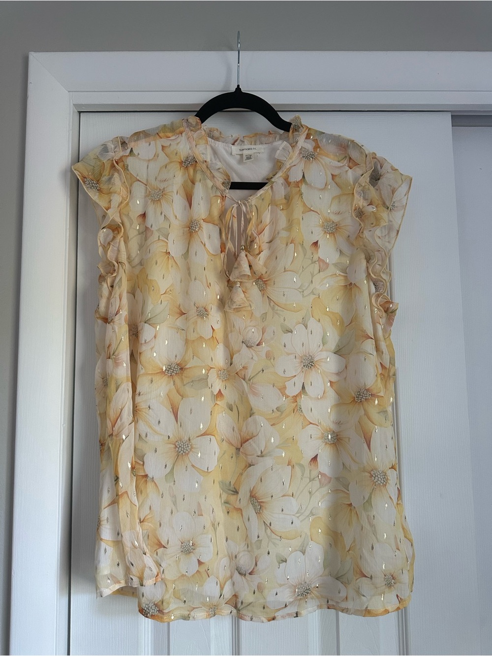 Sheer Floral Ruffle Tie-Neck Blouse in Pale Yellow